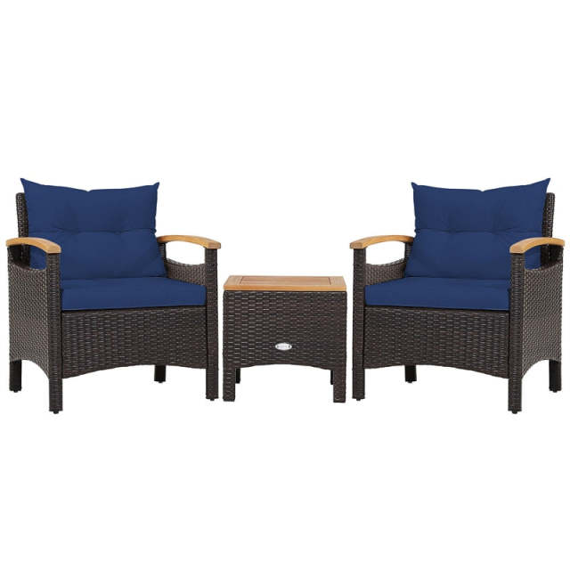 3PCS Patio Rattan Conversation Set Wicker Furniture Set with Cushioned Chairs, Acacia Wood Armrest & Table Top