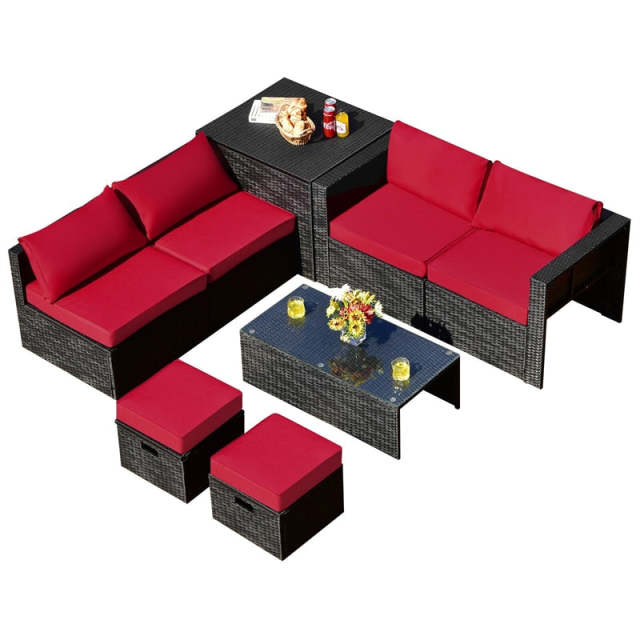 8PCS Wicker Outdoor Sectional Set, Patio Rattan Furniture Set with Storage Box, Coffee Table, Sofas, Ottomans, Cushions & Waterproof Cover
