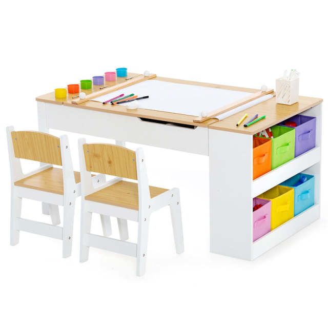 3-in-1 Kids Table & Chair Set, Wood Art Table & Easel with 2 Chairs, 6 Storage Bins, Paper Roller & Paint Cups, Toddler Crafts Table Chair Set
