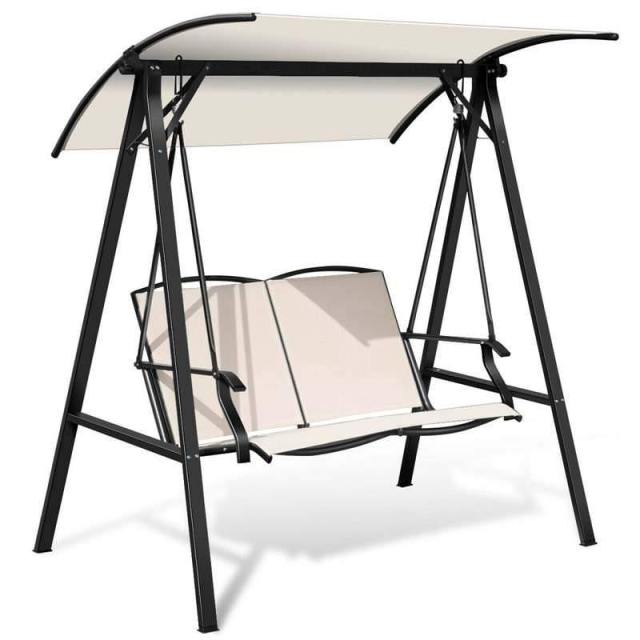 2 Person Patio Swing with Adjustable Canopy & Armrests, Weather Resistant Steel Frame Porch Swing for Backyard, Garden, Poolside