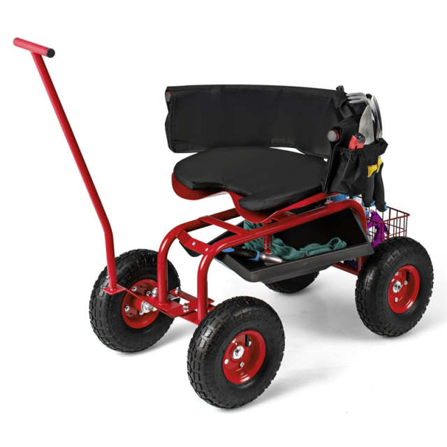 Rolling Garden Cart with 360° Swivel Seat, Tool Tray, Storage Basket, Removable Cushion & Handle, Height Adjustable Gardening Workseat for Patio Lawn