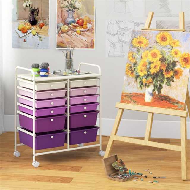12-Drawer Rolling Storage Cart, Multipurpose Organizer Cart with Lockable Casters, Mobile Utility Cart for School Office Beauty Salon