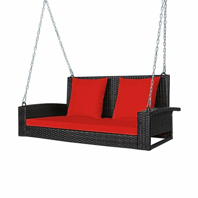2-Person Wicker Patio Swing Bench with Removable Cushions & Reinforced Steel Chain, 800lbs Capacity Rattan Porch Swing for Backyard, Garden