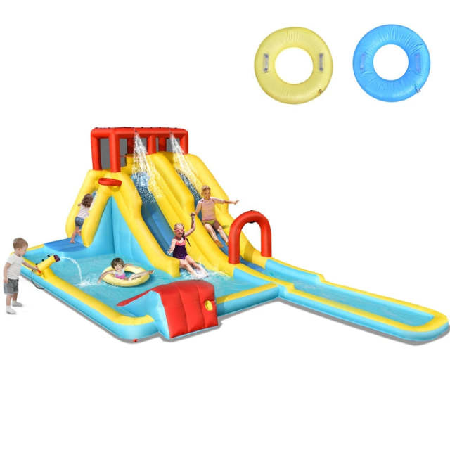 7-in-1 Mega Inflatable Water Slide, Double Surfing Slide Water Park Bounce House with Large Splash Pool & Climbing Wall for Big Kids, Backyard Fun