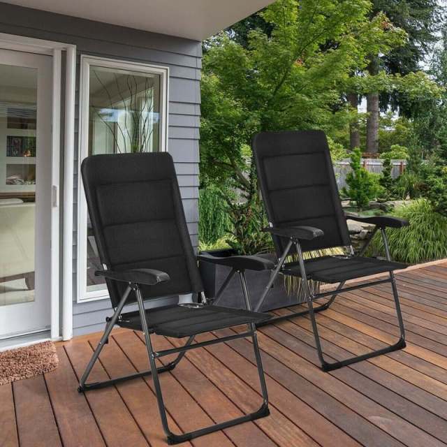 Set of 2 Folding Patio Chairs with 7-Position Adjustable Backrest, Padded Outdoor Reclining Chairs for Backyard Garden Deck, 300 lbs Capacity -h1
