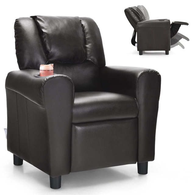 Kids Recliner Chair with Cup Holder, Armrests & Retractable Footrest, Children PU Leather Sofa Armchair, Ergonomic Toddler Room Furniture