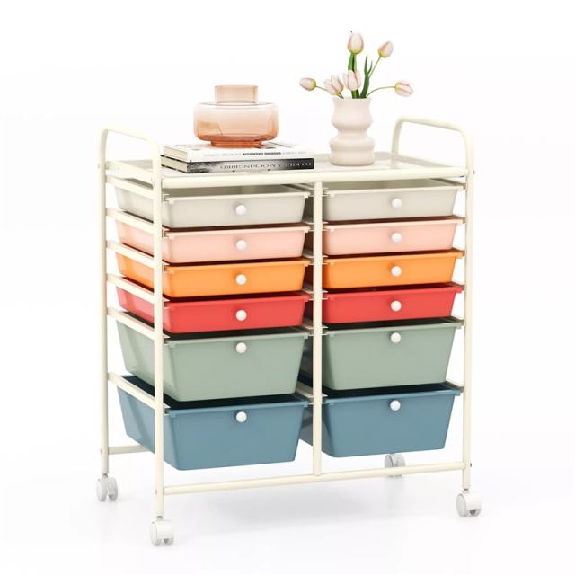12-Drawer Rolling Storage Cart, Multipurpose Organizer Cart with Lockable Casters, Mobile Utility Cart for School Office Beauty Salon