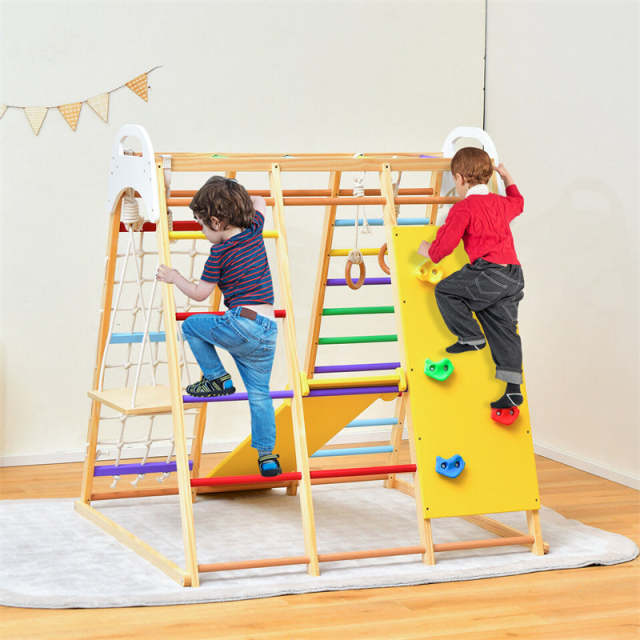 Indoor Jungle Gym for Kids, 8-in-1 Toddler Wooden Montessori Indoor Playground Climber Playset with Slide, Monkey Bars, Climbing Rock & Net