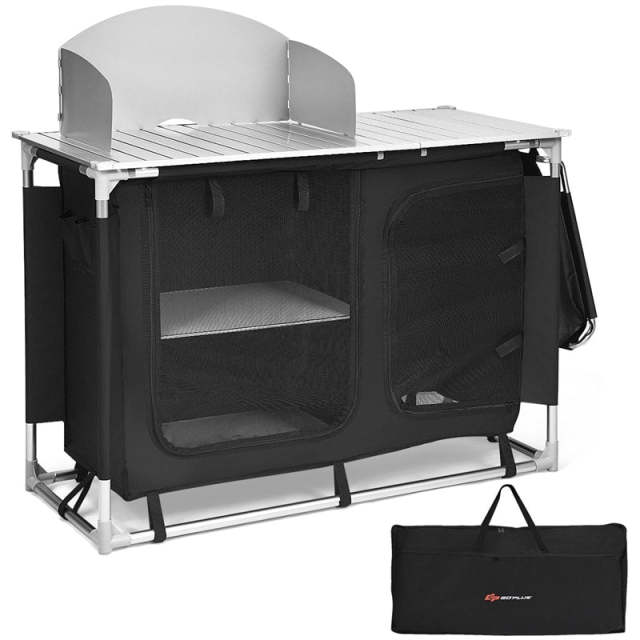 Camping Kitchen Table Portable Outdoor Cooking Table Grill Table for Picnic BBQ with Windscreen, Storage Organizer & Removable Sink