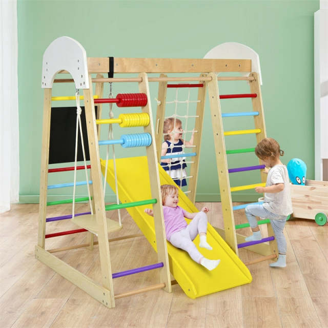 8-in-1 Indoor Jungle Gym, Kids Wooden Indoor Playground Climber with Slide, Swing, Climbing Rock & Net, Montessori Climbing Toys for Toddlers