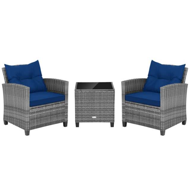 3PCS Patio Rattan Furniture Set Outdoor Conversation Set Wicker Bistro Set with Cushioned Chairs & Tempered Glass Side Table