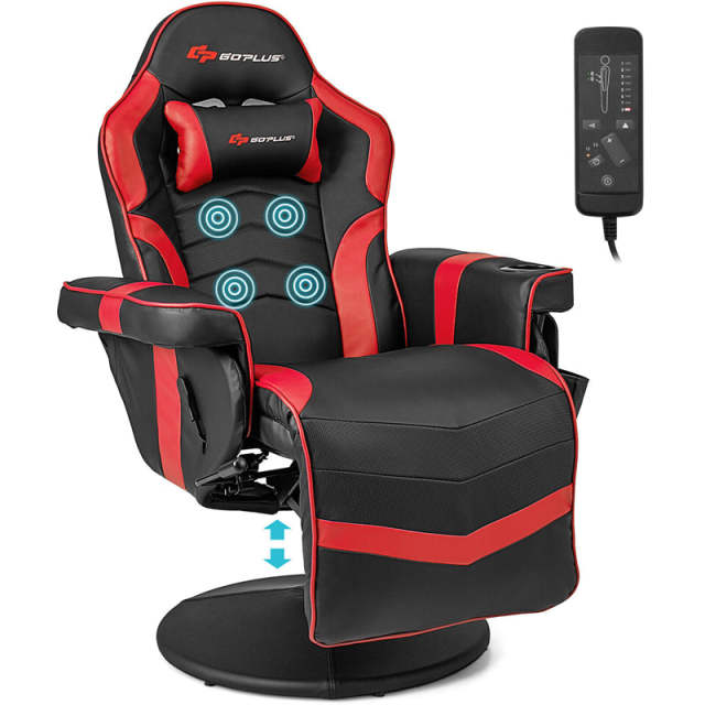 Gaming Recliner Adjustable Height Massage Gaming Chair with Retractable Footrest & Cup Holder, Ergonomic Swivel Video Game Chair Recliner Sofa