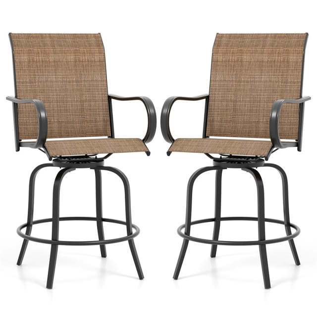 Outdoor Swivel Bar Stools Set of 2, All-Weather Steel Frame Bar Height Patio Chairs with Curved Armrests, High Back & Cozy Footrest