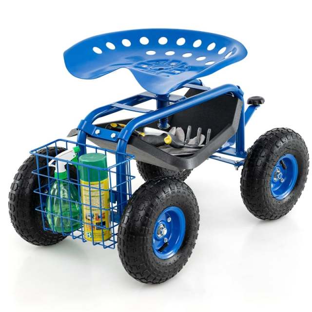 Rolling Garden Cart with 360° Swivel Seat, Tool Tray & Basket, Height Adjustable Gardening Workseat on Wheels, Patio Wagon Scooter for Planting