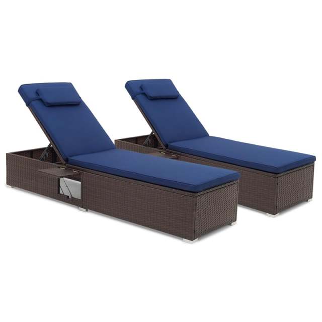 Patio Chaise Lounge Set of 2, Outdoor Rattan Lounge Chairs with 6-Level Adjustable Backrest, Cushions & Headrests, Metal Frame for Backyard