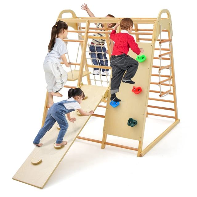 8-in-1 Kids Indoor Jungle Gym, Wooden Montessori Playground Climbing Playset with Slide, Swing, Monkey Bars, Rope Ladder for Boys & Girls
