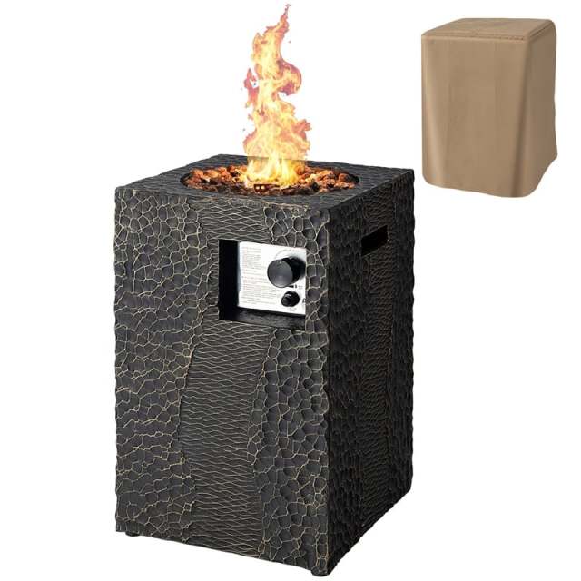 16" Square Propane Fire Pit, 30,000 BTU Auto-Ignition Outdoor Gas Fire Pit with Protective Cover, Touch-up Pen & Lava Rocks