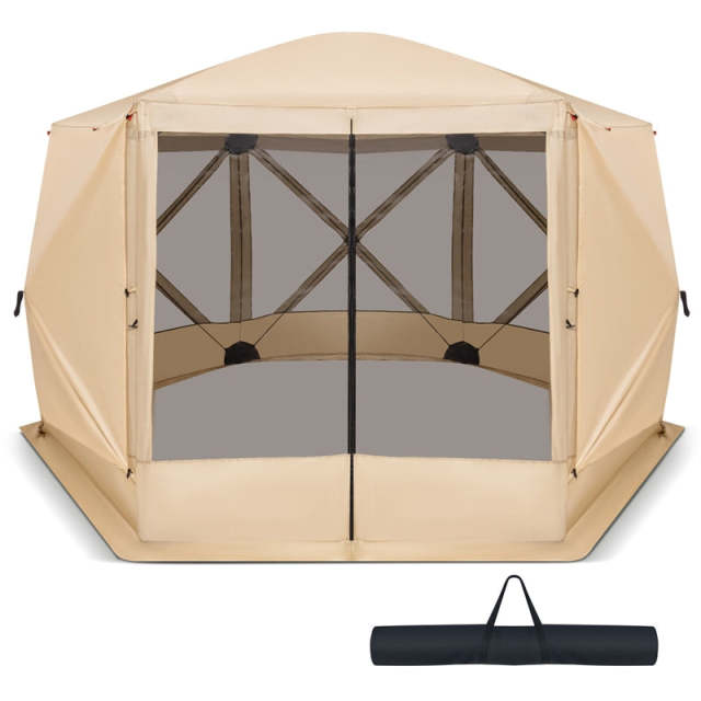 11.5' x 11.5' Pop Up Screen Tent 6-Sided Camping Gazebo Tent Outdoor Instant Canopy Shelter with Netting 2 Wind Clothes & Carry Bag