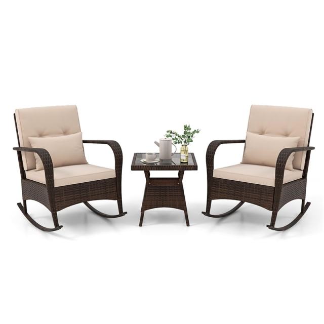 3-Piece PE Rattan Rocking Bistro Set with Removable Cushions & Tempered Glass Table, Outdoor Patio Furniture Set for Porch, Poolside, Backyard