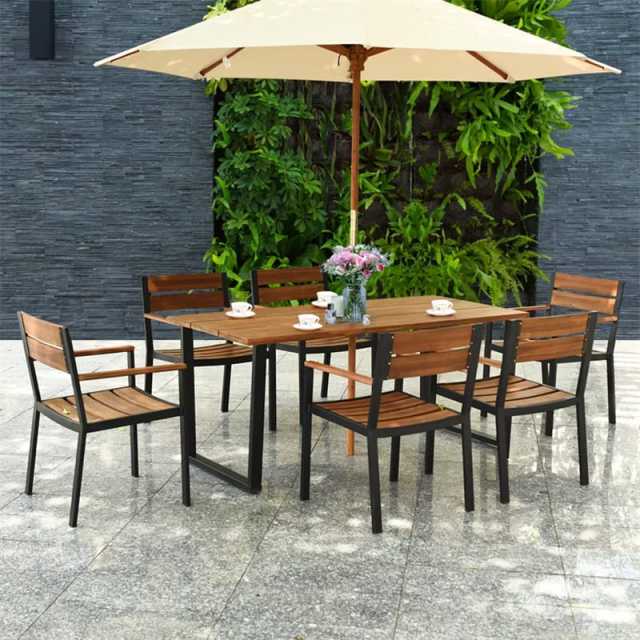 7 Piece Patio Dining Chair Table Set Patented Outdoor Dining Furniture with Steel Frame Acacia Wood Armchair Table & Umbrell Hole for Backyard Garden