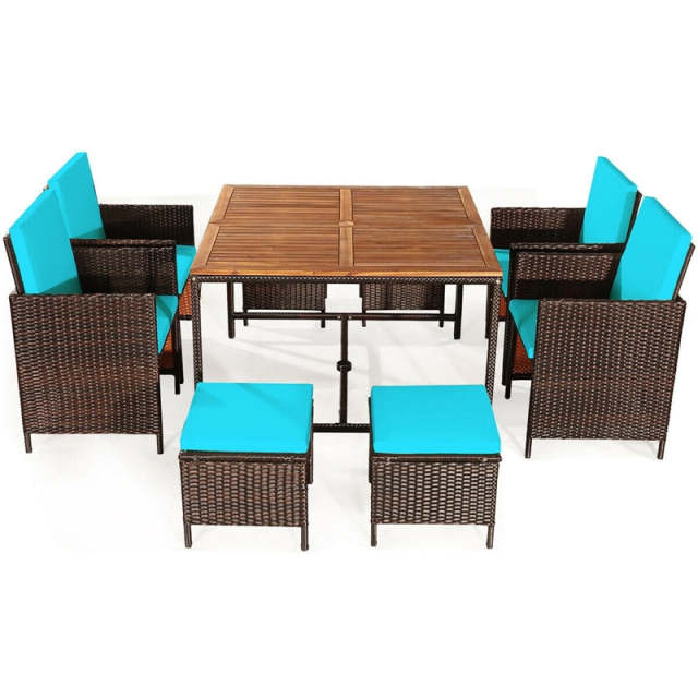 9-Piece Acacia Wood Rattan Patio Dining Set w/Cushioned Chairs, Ottomans & Umbrella Hole, Space Saving Outdoor Furniture for Backyard Garden