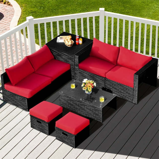 8PCS Wicker Outdoor Sectional Set, Patio Rattan Furniture Set with Storage Box, Coffee Table, Sofas, Ottomans, Cushions & Waterproof Cover