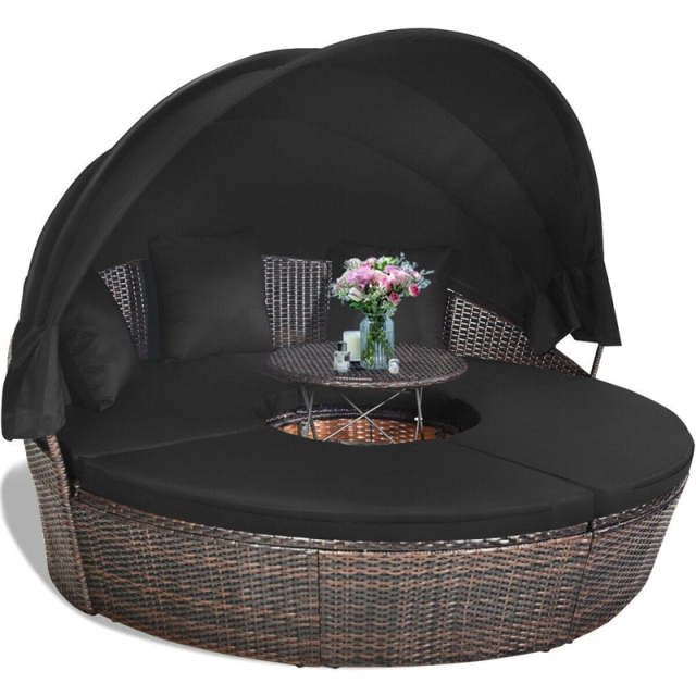 Round Patio Rattan Daybed with Retractable Canopy, Adjustable Coffee Table & Cushions, Outdoor Wicker Sectional Sofa for Poolside, Backyard