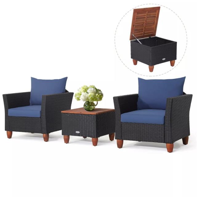 3PCS Patio Rattan Furniture Set Cushioned Sofa Chair Storage Coffee Table with Acacia Wood Top, Outdoor Wicker Conversation Set for Garden
