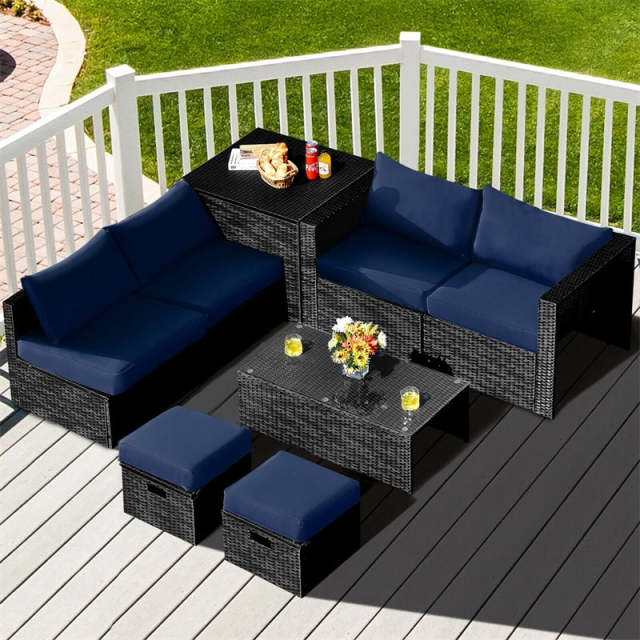 8PCS Wicker Outdoor Sectional Set, Patio Rattan Furniture Set with Storage Box, Coffee Table, Sofas, Ottomans, Cushions & Waterproof Cover