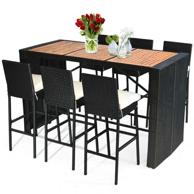 7-Piece Wicker Outdoor Bar Set with Acacia Wood Table Top, 6 Bar Stools & Removable Cushions, Rattan Patio Furniture for Poolside, Backyard, Dining