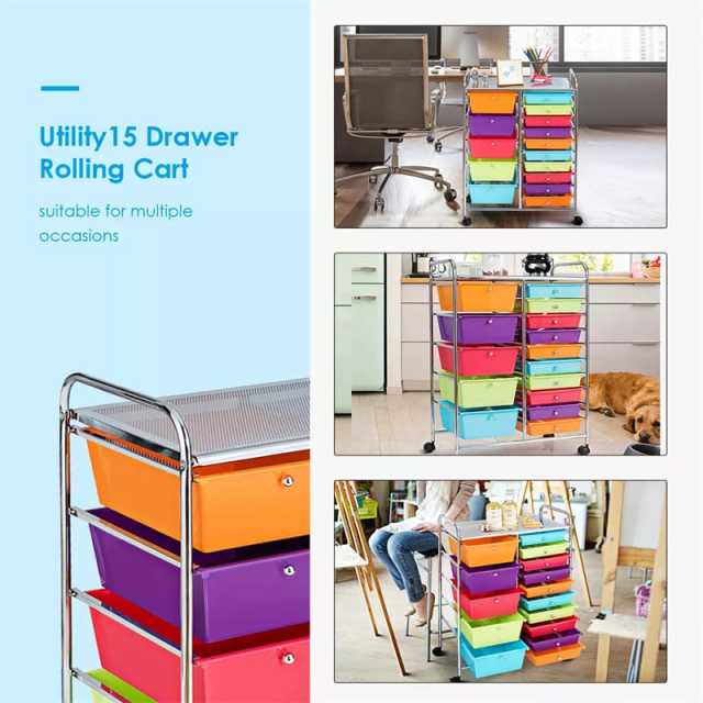 15-Drawer Rolling Storage Cart, Art & Craft Organizer with Wheels & Removable Drawers for Tools, Scrapbook Paper, Home Office School