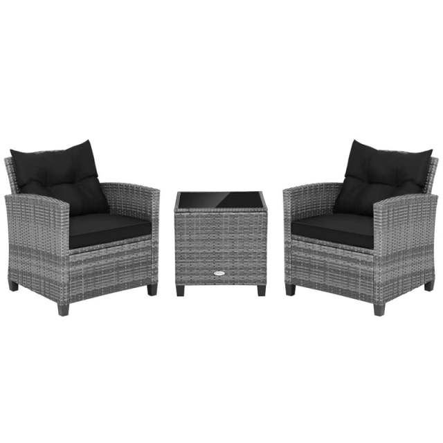 3PCS Patio Rattan Furniture Set Outdoor Conversation Set Wicker Bistro Set with Cushioned Chairs & Tempered Glass Side Table
