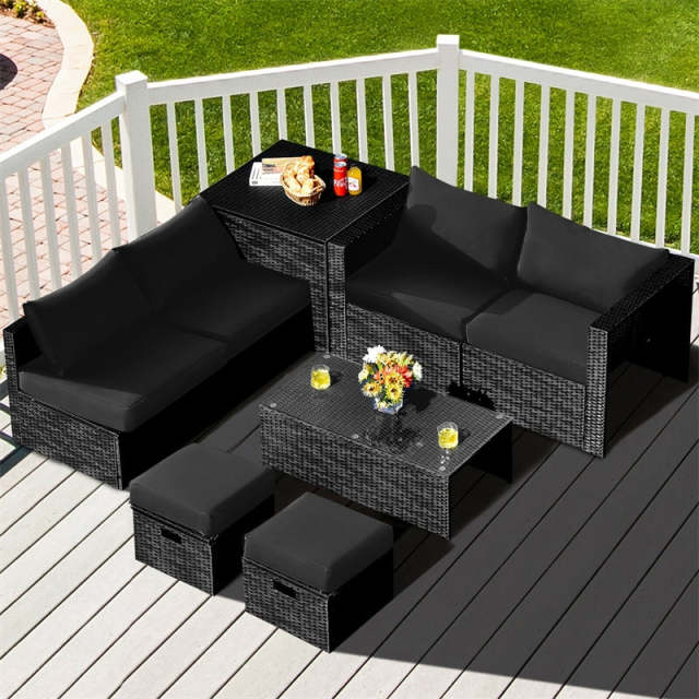 8PCS Wicker Outdoor Sectional Set, Patio Rattan Furniture Set with Storage Box, Coffee Table, Sofas, Ottomans, Cushions & Waterproof Cover