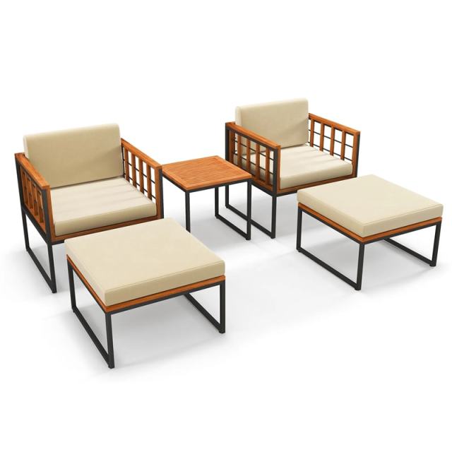 5 Pieces Acacia Wood Patio Furniture Set Outdoor Conversation Set with Coffee Table, Ottomans, Soft Back & Seat Cushions