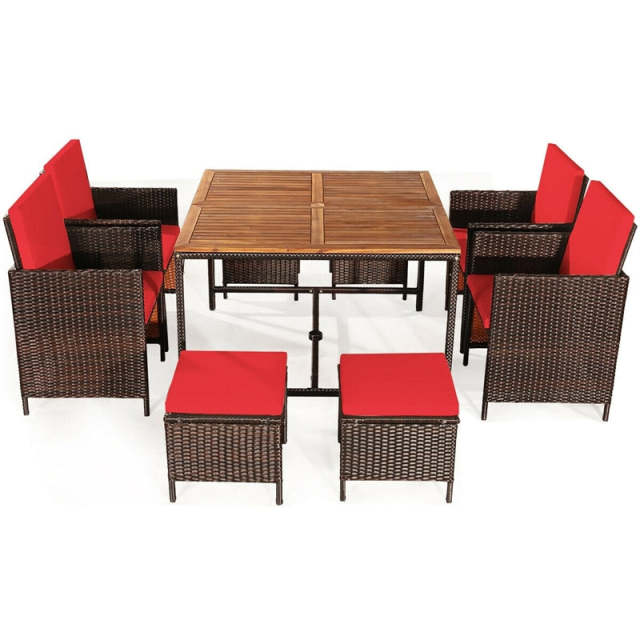 9-Piece Acacia Wood Rattan Patio Dining Set w/Cushioned Chairs, Ottomans & Umbrella Hole, Space Saving Outdoor Furniture for Backyard Garden