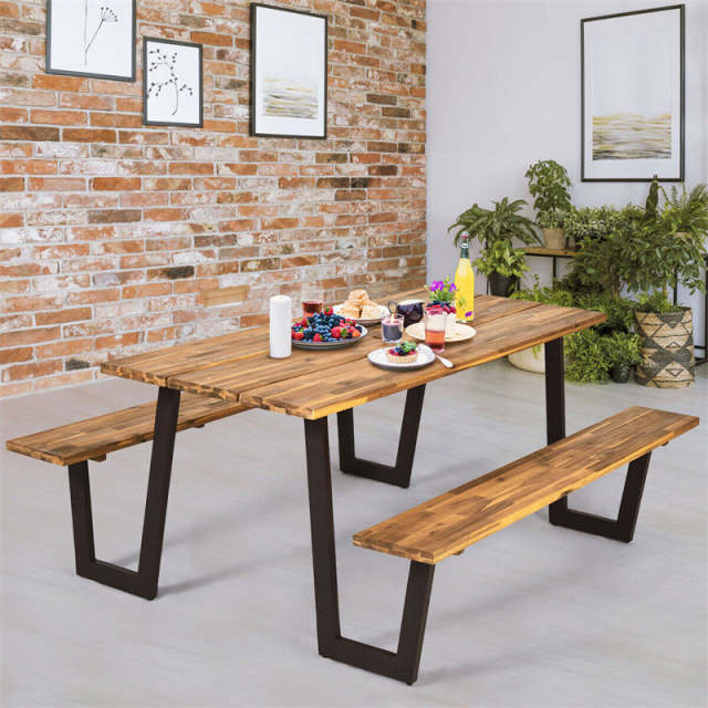 Acacia Wood Picnic Table Bench Set for 6-8, Patented 70" Outdoor Dining Set with Umbrella Hole, Heavy Duty Frame, 1600lbs Capacity for Patio, Backyard
