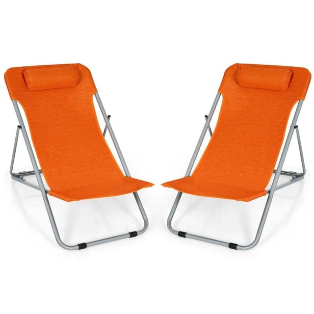 2-Pack Beach Chairs, Folding Lounge Chairs with Adjustable Backrests & Headrests, Portable Lightweight Chairs for Camping, Deck, Sunbathing