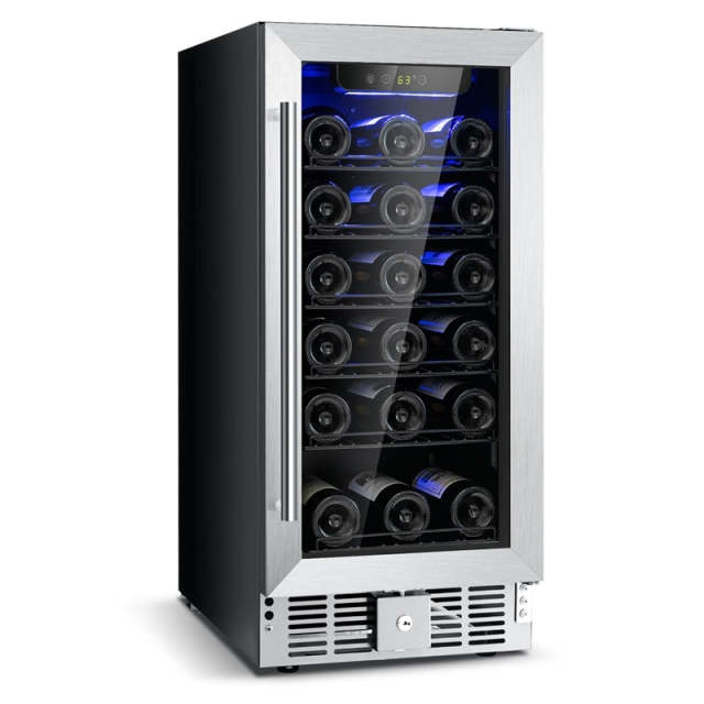 30 Bottle Wine Cooler Refrigerator, 15" Built-in Freestanding Wine Fridge with Glass Door, Removable Shelves, Stainless Steel Wine Cellar for Home Bar
