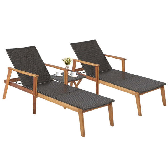 3 Piece Patio Rattan Chaise Lounge Chair & Folding Side Table Set, Acacia Wood Outdoor Recliner w/4-Position Adjustable Backrest for Poolside Backyard