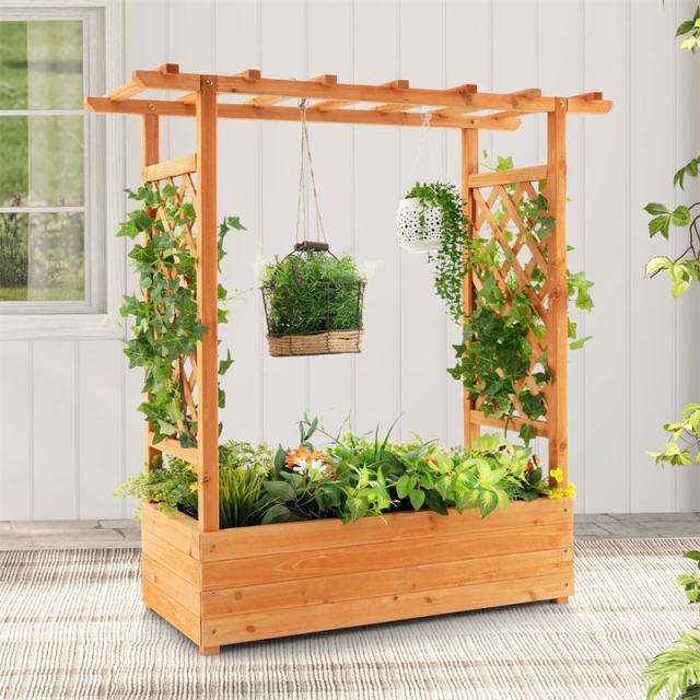 Raised Garden Bed with Arch Trellis & Hanging Roof, Freestanding Fir Wood Planter Box with Drainage Holes for Climbing Plants, Vines, Flowers