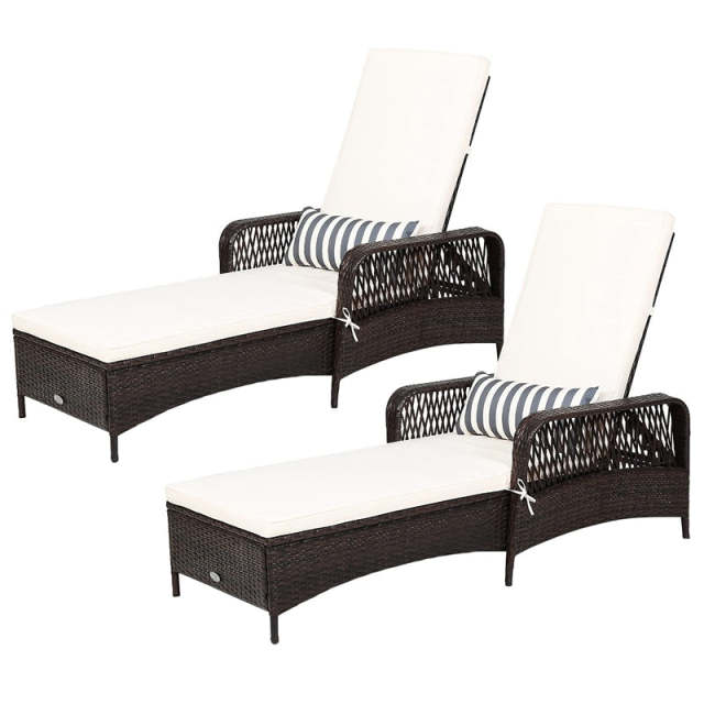 2PCS Rattan Outdoor Chaise Lounge Chairs w/ 6-Gear Adjustable Backrest, Removable Cushions, Pillow, Patio Sun Lounger for Poolside, Balcony