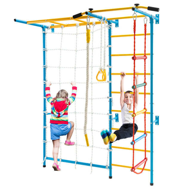 7-in-1 Kids Indoor Jungle Gym, Steel Swedish Wall Ladder Set with Pull-Up Bar, Rope & Gymnastic Rings, Home Climber Ladder Playground for Boys Girls