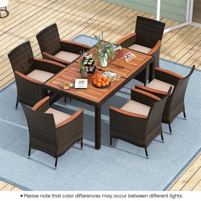 7 Piece Outdoor PE Rattan Dining Set with Umbrella Hole, Acacia Wood Table & Stackable Cushioned Chairs, Patio Dining Furniture for Garden, Backyard
