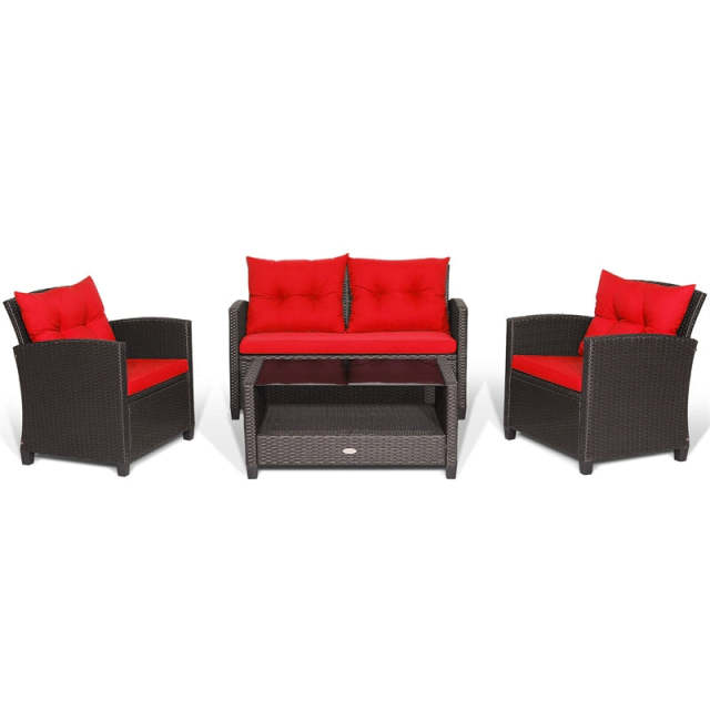 4 Piece Outdoor Rattan Furniture Set, Patio Conversation Set with Lower Shelf Coffee Table, Loveseat, 2 Cushioned Chairs for Garden Backyard