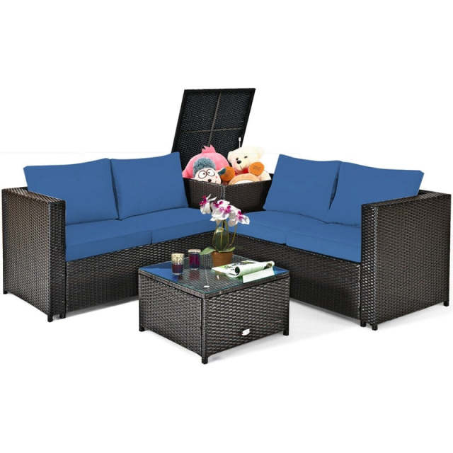 4 Piece Rattan Patio Conversation Furniture Set with Loveseat, Storage Box, Glass Top Coffee Table & Waterproof Cover for Garden, Poolside