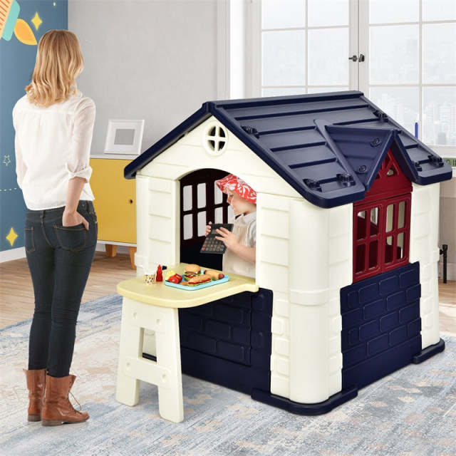Kids Playhouse, Cottage Pretend Play House with 7PCS Toy Set, Picnic Table & Waterproof Cover for Indoor Outdoor, Boys & Girls Gifts