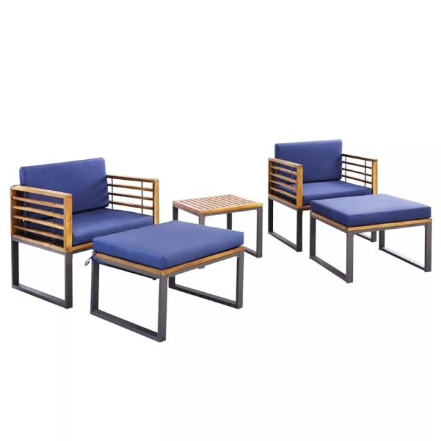 5 Pieces Acacia Wood Patio Furniture Set Outdoor Conversation Set with Coffee Table, Ottomans, Soft Back & Seat Cushions