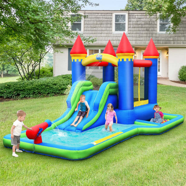 Inflatable Water Slide, Kids Jumping Bouncy Castle Water Park with 580W Blower, Splash Pool, Water Cannon, Ball Pit & Carry Bag for Backyard Parties