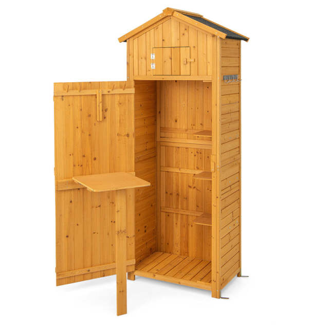 71" Tall Wooden Storage Shed with Lockable Doors & Foldable Work Table, Waterproof Outdoor Cabinet with Removable Shelves for Patio, Backyard, Deck