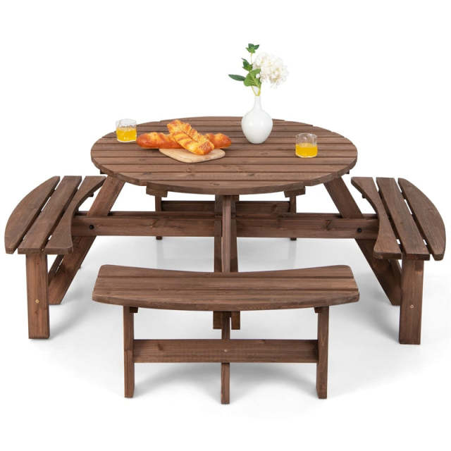 8-Person Round Wood Picnic Table with 4 Built-in Benches & Umbrella Hole, 2000lbs Capacity Outdoor Dining Table & Bench for Patio, Garden, Backyard